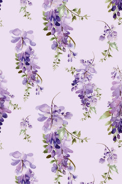 Le décor à plat : grappes de glycine violettes et mauves, feuillage vert tendre, fond lilas pâle.