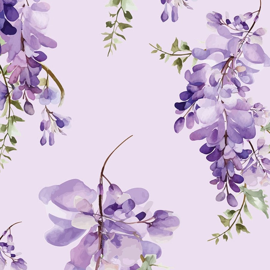 Gros plan sur l'impression : clochettes violettes aux bords dilués et dépôts de pigment aquarelle.