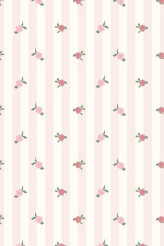 Le décor à plat : larges bandes verticales blanches et rose pâle semées de petites roses ouvertes.