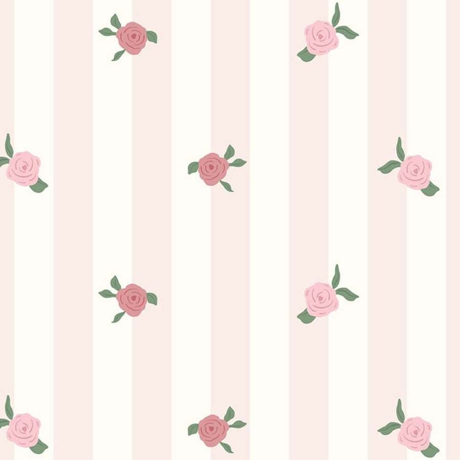 Gros plan de l'impression : les pétales rose vif d'une fleur et ses deux feuilles vert sauge.