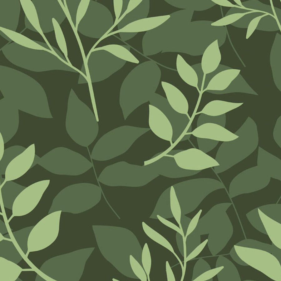 Gros plan sur l'impression : une feuille vert sauge détachée sur la silhouette kaki derrière.