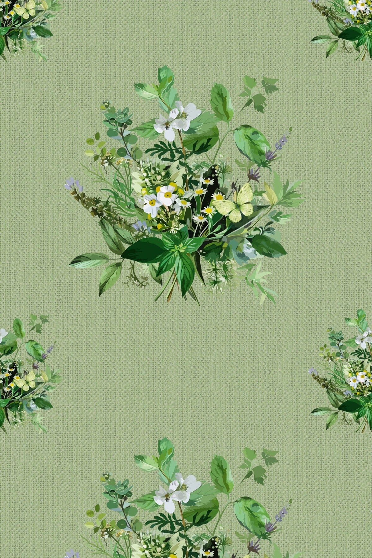 Bouquets Champêtres sur Vert Sauge, aperçu aux dimensions saisies