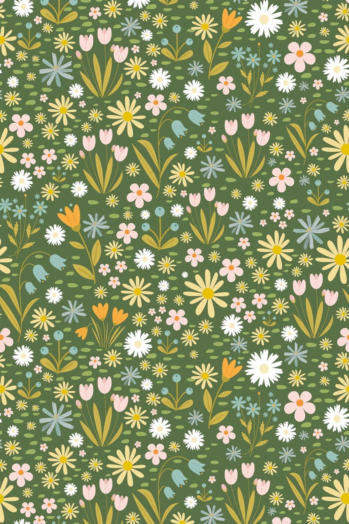 Prairie Fleurie Vert Olive, le motif seul