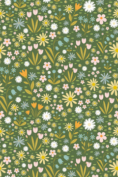 Le décor à plat : semis dense de marguerites, tulipes et crocus sur fond vert olive.