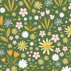 Gros plan sur l'impression : une marguerite blanche et une touffe d'herbe jaune moutarde.