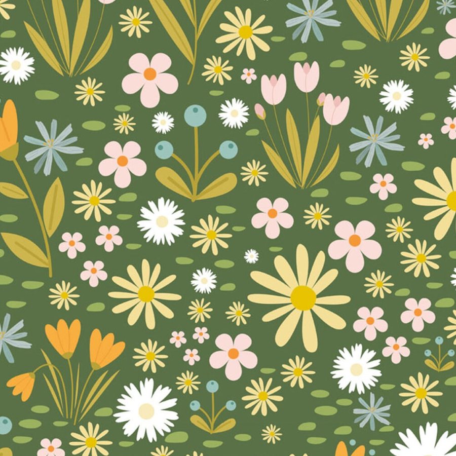 Gros plan sur l'impression : une marguerite blanche et une touffe d'herbe jaune moutarde.