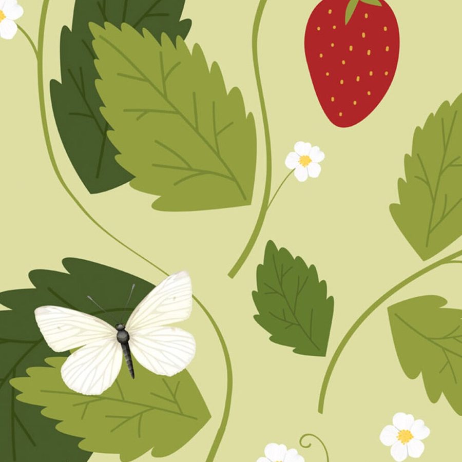 Gros plan sur l'impression : grains jaunes d'une fraise rouge et bord dentelé d'une feuille verte.