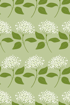 Le décor à plat : ombelles de fleurs blanches en rangées et feuilles vert olive sur fond vert amande.