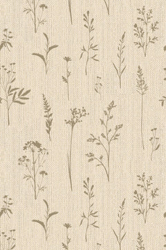 Motif à plat : herbes folles, épis et ombelles brun taupe sur un fond de toile beige clair
