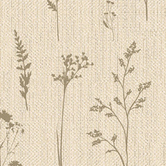 Gros plan sur l'impression : le trait brun d'une tige et le grain croisé du fond beige