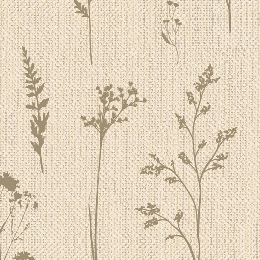 Gros plan sur l'impression : le trait brun d'une tige et le grain croisé du fond beige