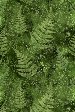 Le décor à plat : frondes de fougère superposées du vert clair au vert sombre sur un fond vert mousse moucheté.
