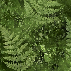 Gros plan de l'impression : les folioles d'une fronde de fougère et les gouttes plus claires projetées sur le vert profond.
