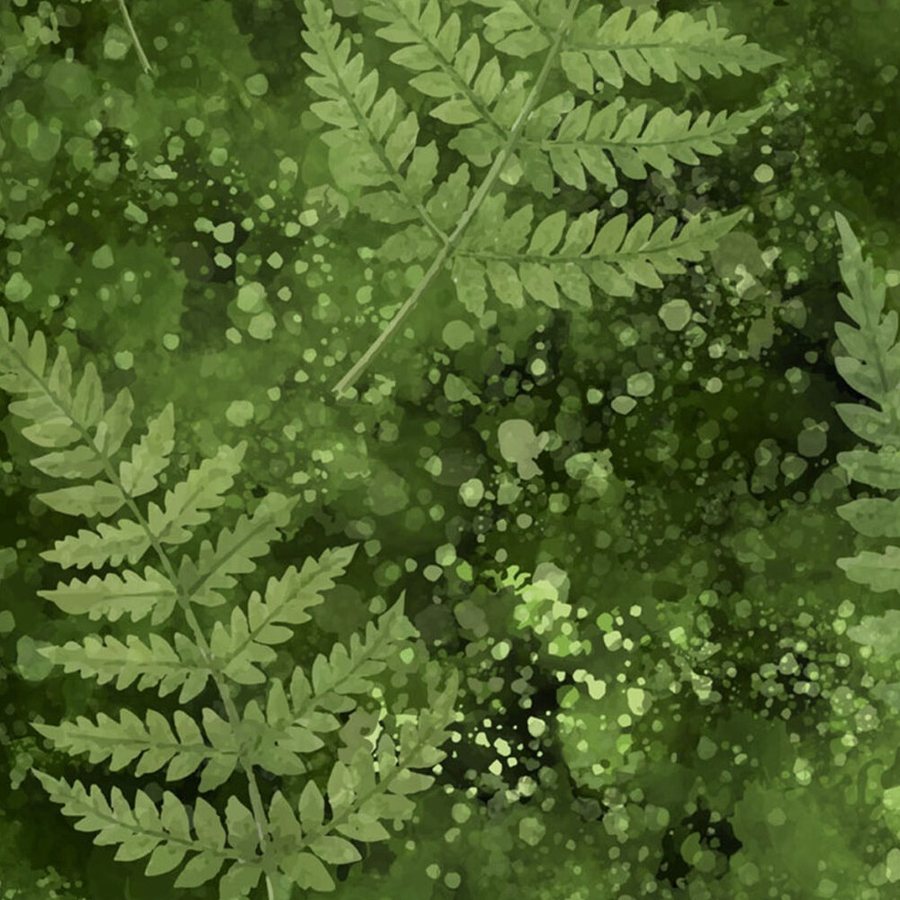 Gros plan de l'impression : les folioles d'une fronde de fougère et les gouttes plus claires projetées sur le vert profond.