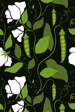Le décor à plat : gousses de pois, feuilles vertes et fleurs blanches sur fond noir.