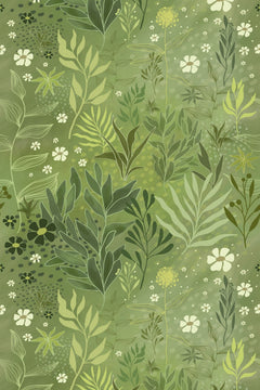 Le décor à plat : feuillages sauge, kaki et olive serrés, petites fleurs blanches, fond vert moucheté.