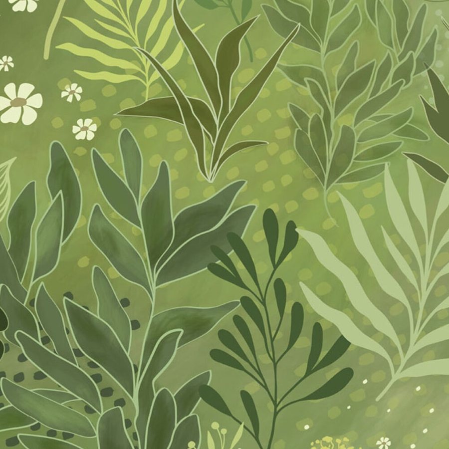 Gros plan sur l'impression : nervures d'une fougère vert foncé et corolle blanche à cinq pétales.