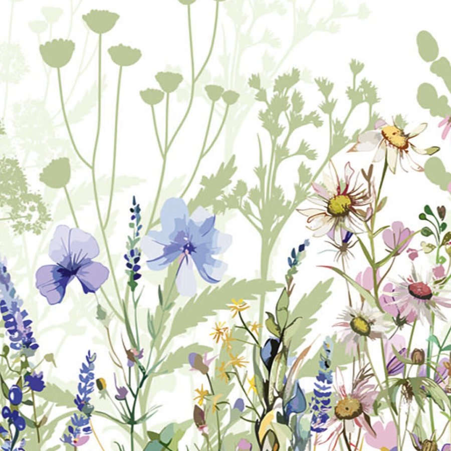 Gros plan sur l'impression : lavis d'aquarelle des pétales et silhouettes vert pâle en fond.