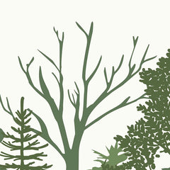 Gros plan de l'impression : bord net d'une cime de sapin vert foncé sur le blanc cassé du ciel.