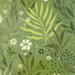 Gros plan sur l'impression : nervures des fougères et fleurs blanches sur fond vert.