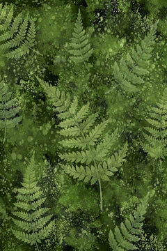 Le décor à plat : frondes de fougère vert tendre et vert bouteille sur un fond vert mousse moucheté de clair.
