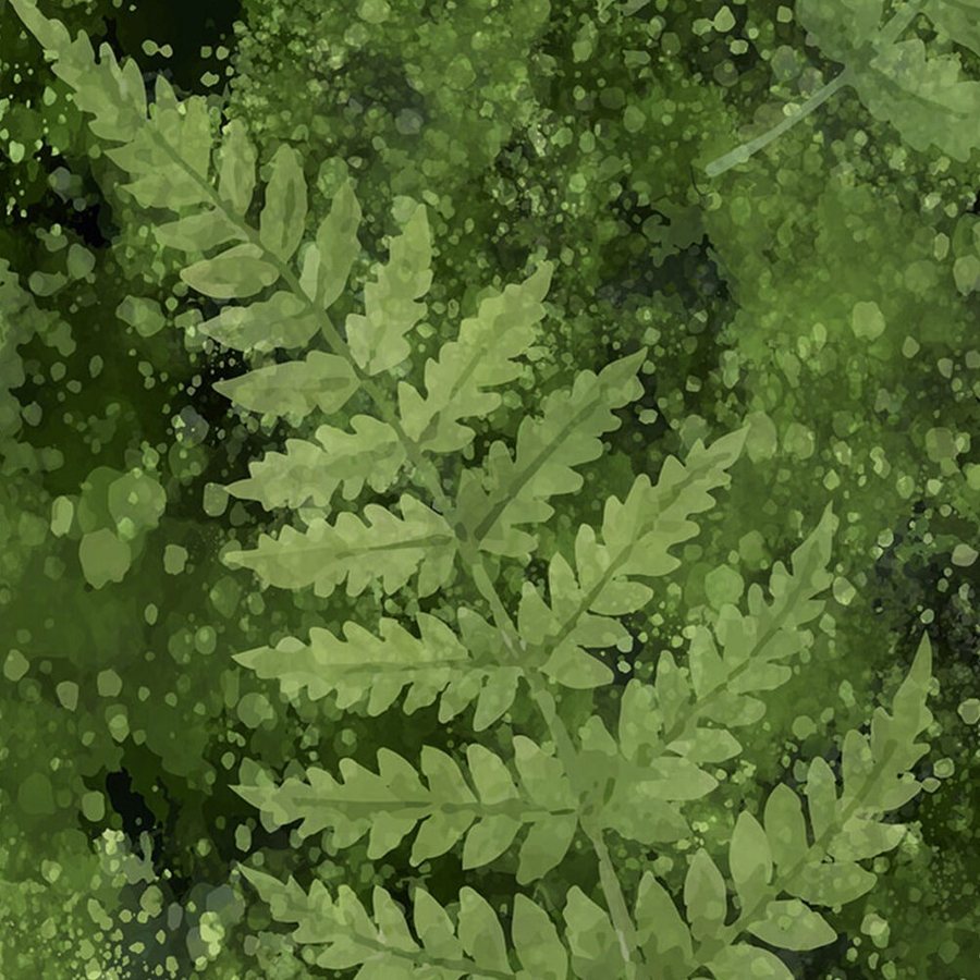 Gros plan de l'impression : nervures d'une fronde et fines mouchetures claires sur le fond vert.