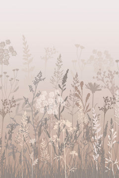 Décor à plat : silhouettes de graminées et d'ombelles beiges sur un fond dégradé rosé.