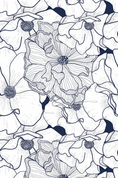 Le décor à plat : grandes fleurs au trait bleu marine hachuré sur fond blanc, intervalles en aplats marine.