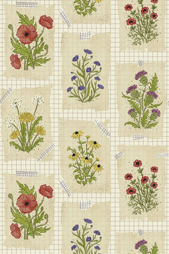 Le décor à plat : vignettes beiges de coquelicots, bleuets et chardons sur fond crème quadrillé de bleu.
