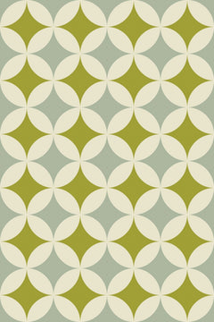 Le décor à plat : cercles crème entrelacés et étoiles à quatre branches vert olive sur fond vert sauge.