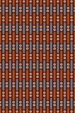 Le décor à plat : bâtonnets orange et bleus et cercles concentriques sur un fond brun rouge.