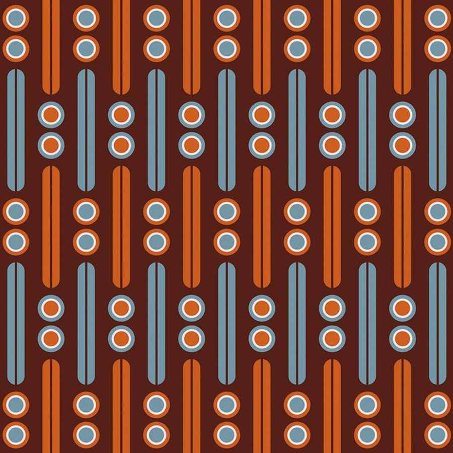 Gros plan sur l'impression : un cercle concentrique blanc, orange et bleu.