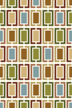 Le décor à plat : rectangles encadrés vert olive, brique, ocre brun, sable et bleu ardoise répétés sur un fond crème