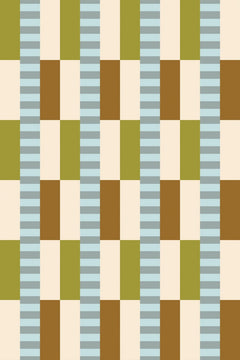 Le décor à plat : colonnes vert olive, crème et caramel alternées avec des bandes à rayures bleu gris.