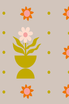 Le décor à plat : pots moutarde, marguerites roses et pois alignés sur un fond taupe.