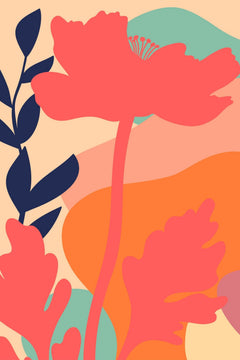 Le décor à plat : deux pavots corail sur des aplats pêche, orange et vert d'eau.