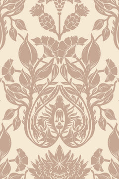 Le décor à plat : ornements damassés rose taupe, chardon et œillets, sur un fond ivoire.