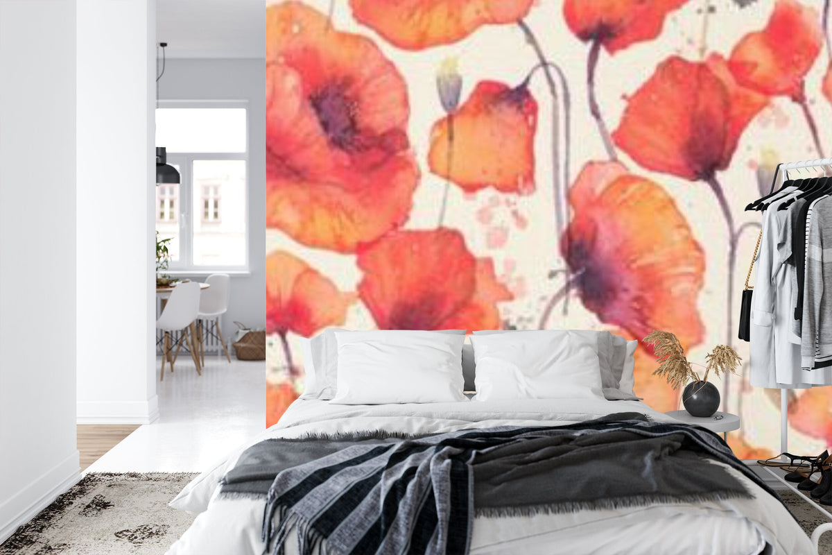 Papier peint panoramique Coquelicots — motif floral aquarelle rouge