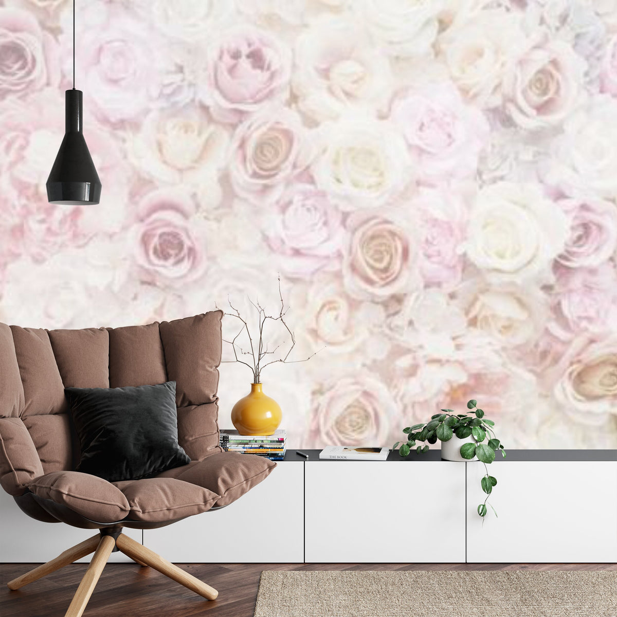 Papier peint panoramique Mur de roses — fleurs poudrées rose et ivoire