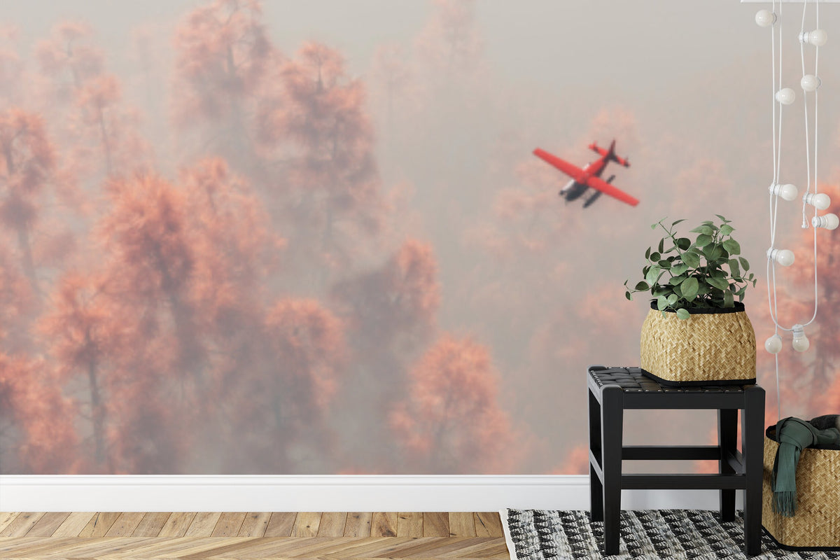 Papier peint panoramique Survol des cimes — canopée terracotta et brume