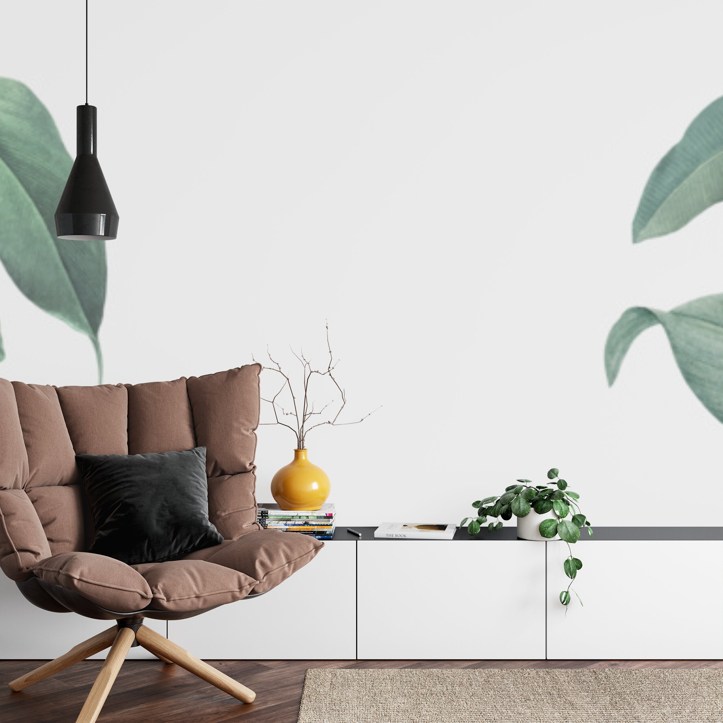 Papier peint panoramique Feuillage sauge — feuilles vert d'eau sur fond gris perle