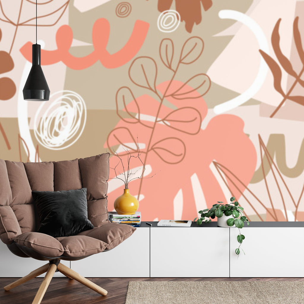 Papier peint panoramique Feuillages terracotta — botanique minimaliste saumon