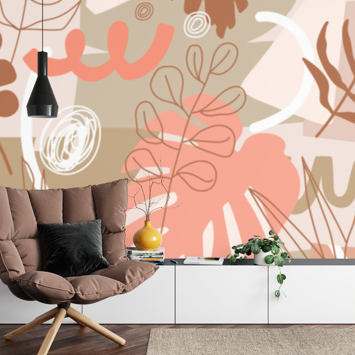 Papier peint panoramique Feuillages terracotta — botanique minimaliste saumon