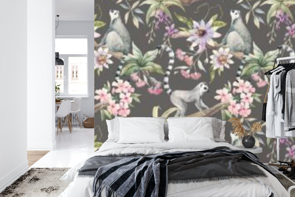 Papier peint panoramique Lémuriens et passiflores — motif tropical animalier