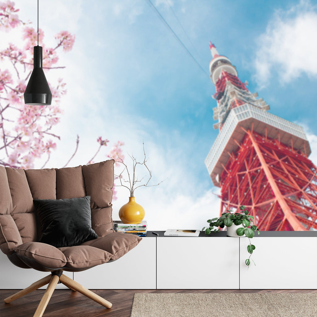 Papier peint panoramique Tour de Tokyo — cerisiers en fleurs et ciel bleu