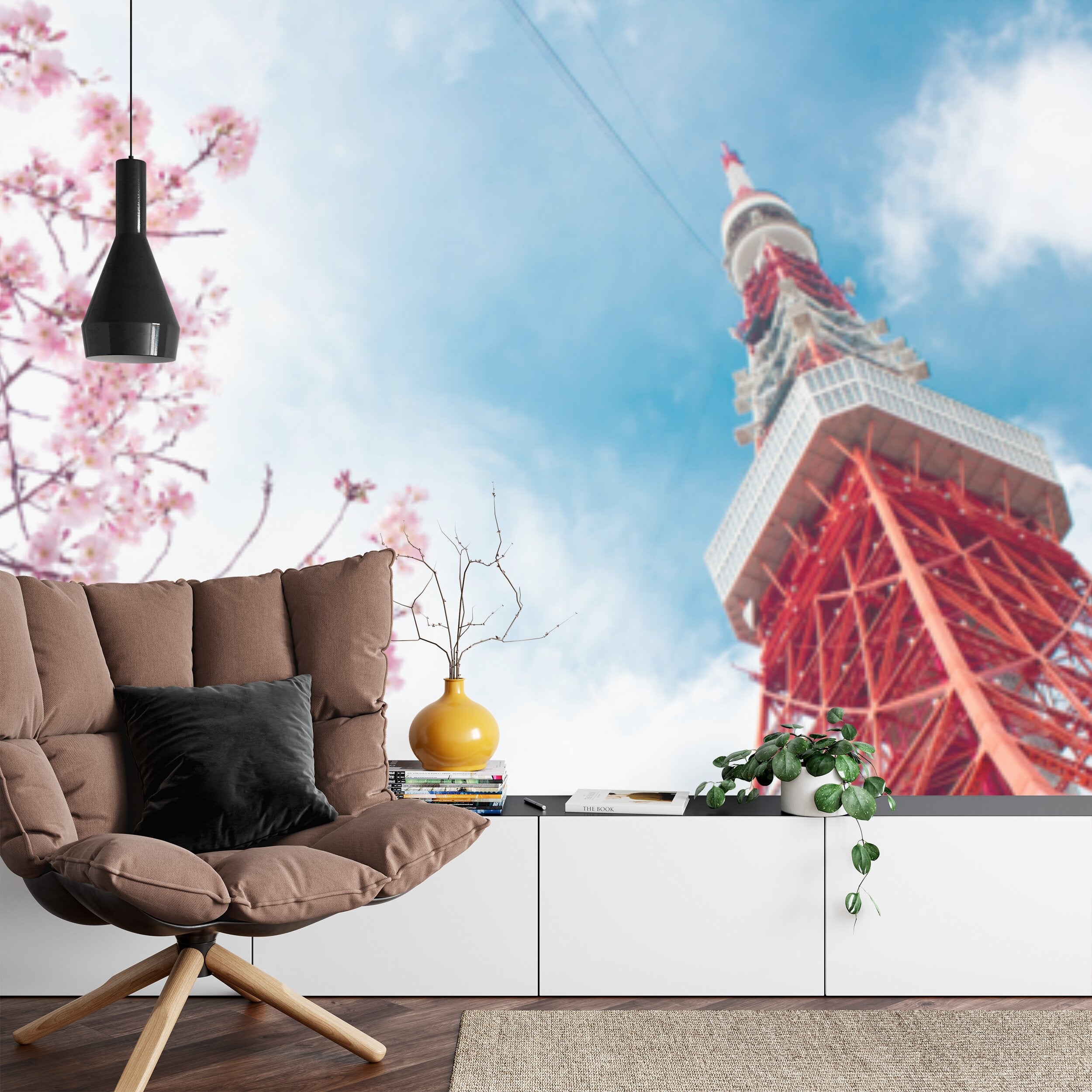 Papier peint panoramique Tour de Tokyo — cerisiers en fleurs et ciel bleu