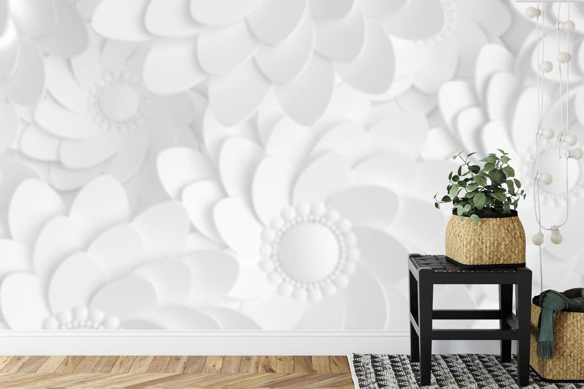 Papier peint panoramique Fleurs de papier — relief floral blanc mat