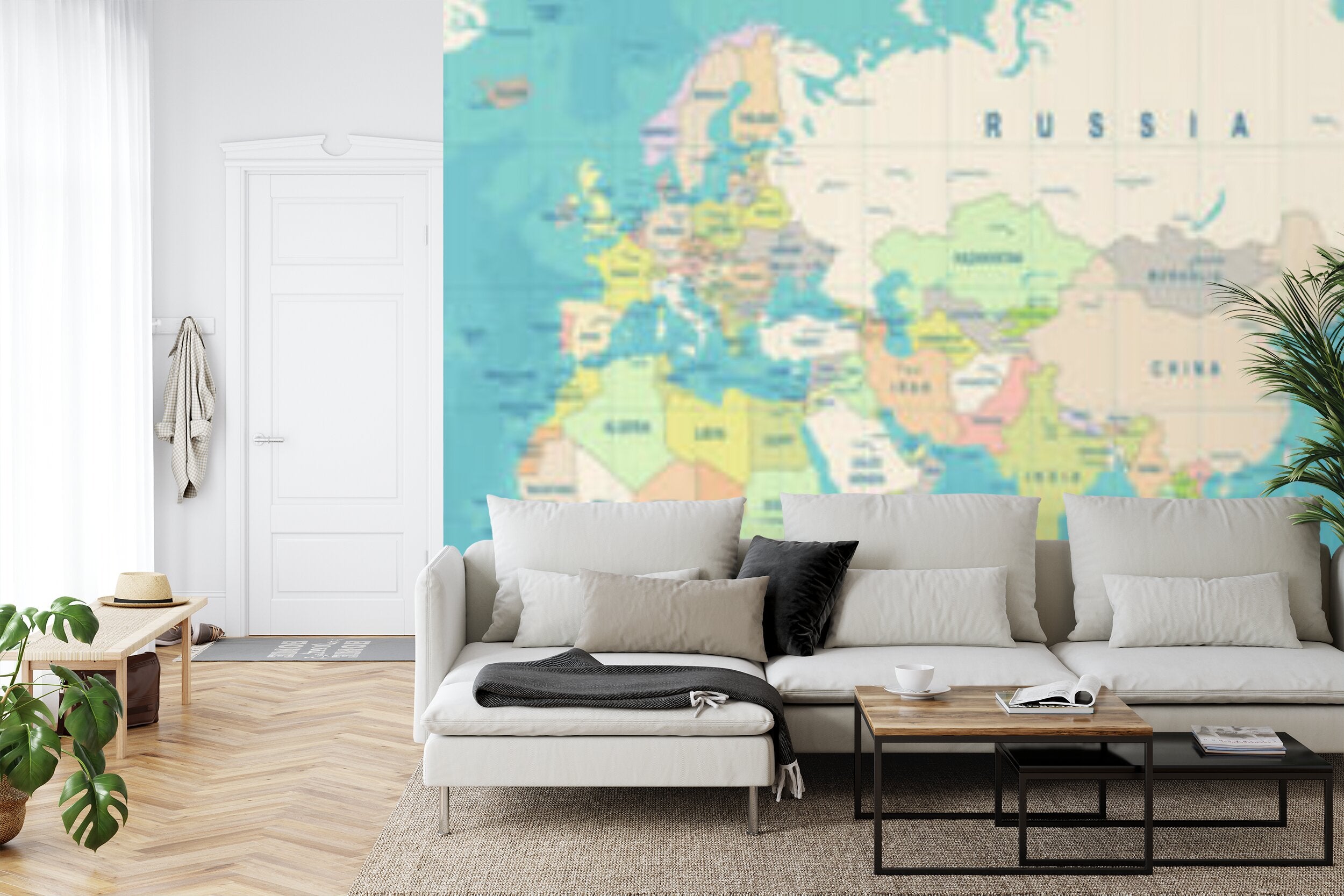 Papier peint panoramique Planisphère vintage — carte du monde bleu pétrole