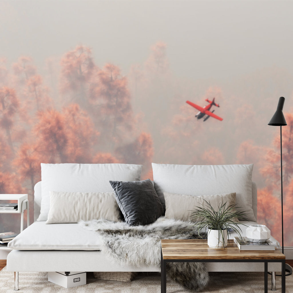 Papier peint panoramique Survol des cimes — canopée terracotta et brume