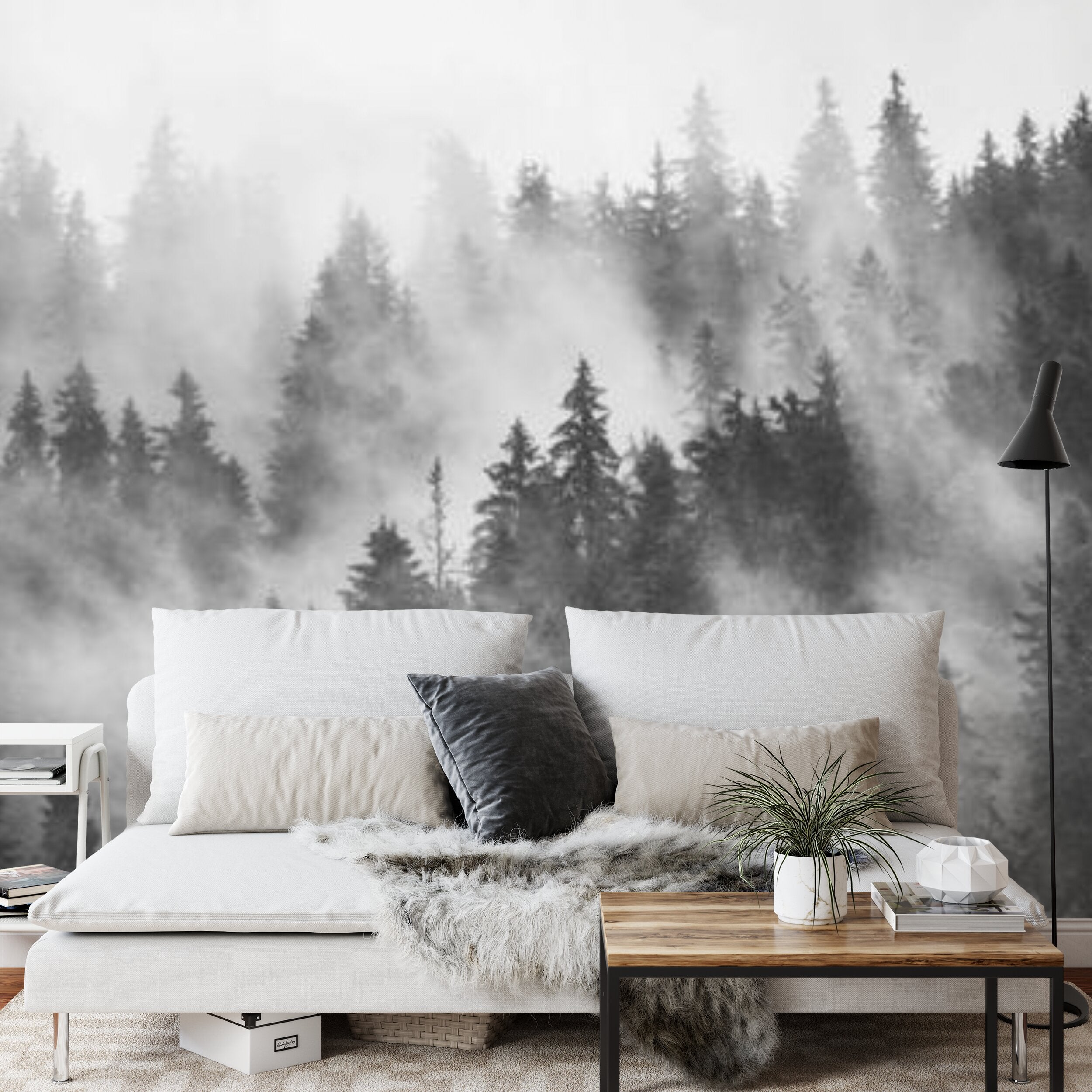 Papier peint panoramique Forêt de brume — paysage noir et blanc